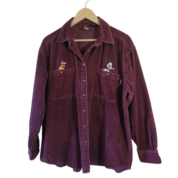 VTG MICKEY Unlimited Burgundy Button-Up Corduroy Shirt Sz L Disneyland Holidays - Picture 1 of 12